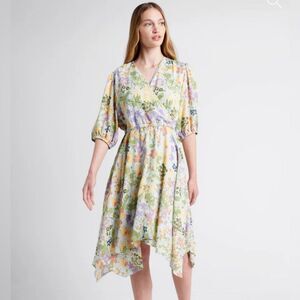 Modcloth Through Fields Of Gold Dress Asymmetrical Scarf Hem Faux Wrap Green M